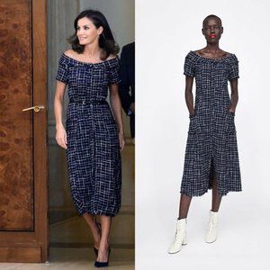 Zara Blue Tweed Midi Dress Queen Letizia